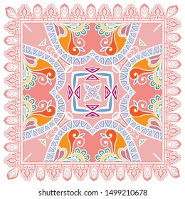 Decorative colorful ornament on white background, symmetric pattern with doodle lace frame. Tribal ethnic mandala decor. Bandana shawl, tablecloth fabric print, silk neck scarf, kerchief design
