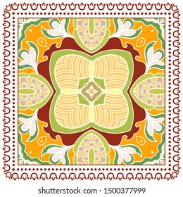 Decorative colorful ornament on white background, symmetric pattern with doodle lace frame. Tribal ethnic mandala decor. Bandana shawl, tablecloth fabric print, silk neck scarf, kerchief design