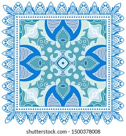 Decorative colorful ornament on white background, symmetric pattern with doodle lace frame. Tribal ethnic mandala decor. Bandana shawl, tablecloth fabric print, silk neck scarf, kerchief design