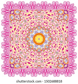 Decorative colorful ornament on white background, symmetric pattern with doodle lace frame. Tribal ethnic mandala decor. Bandana shawl, tablecloth fabric print, silk neck scarf, kerchief design