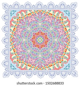 Decorative colorful ornament on white background, symmetric pattern with doodle lace frame. Tribal ethnic mandala decor. Bandana shawl, tablecloth fabric print, silk neck scarf, kerchief design