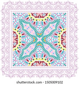 Decorative colorful ornament on white background, symmetric pattern with doodle lace frame. Tribal ethnic mandala decor. Bandana shawl, tablecloth fabric print, silk neck scarf, kerchief design