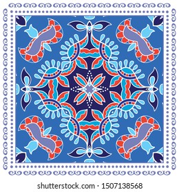 Decorative colorful ornament on white background, symmetric pattern with doodle lace frame. Tribal ethnic mandala decor. Bandana shawl, tablecloth fabric print, silk neck scarf, kerchief design