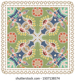 Decorative colorful ornament on white background, symmetric pattern with doodle lace frame. Tribal ethnic mandala decor. Bandana shawl, tablecloth fabric print, silk neck scarf, kerchief design