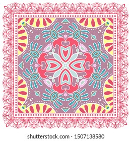 Decorative colorful ornament on white background, symmetric pattern with doodle lace frame. Tribal ethnic mandala decor. Bandana shawl, tablecloth fabric print, silk neck scarf, kerchief design