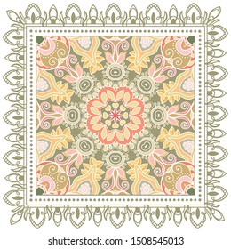 Decorative colorful ornament on white background, symmetric pattern with doodle lace frame. Tribal ethnic mandala decor. Bandana shawl, tablecloth fabric print, silk neck scarf, kerchief design