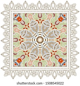 Decorative colorful ornament on white background, symmetric pattern with doodle lace frame. Tribal ethnic mandala decor. Bandana shawl, tablecloth fabric print, silk neck scarf, kerchief design