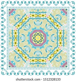 Decorative colorful ornament on white background, symmetric pattern with doodle lace frame. Tribal ethnic mandala decor. Bandana shawl, tablecloth fabric print, silk neck scarf, kerchief design