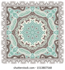 Decorative colorful ornament on white background, symmetric pattern with doodle lace frame. Tribal ethnic mandala decor. Bandana shawl, tablecloth fabric print, silk neck scarf, kerchief design
