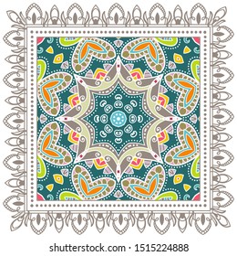 Decorative colorful ornament on white background, symmetric pattern with doodle lace frame. Tribal ethnic mandala decor. Bandana shawl, tablecloth fabric print, silk neck scarf, kerchief design