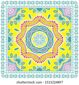 Decorative colorful ornament on white background, symmetric pattern with doodle lace frame. Tribal ethnic mandala decor. Bandana shawl, tablecloth fabric print, silk neck scarf, kerchief design