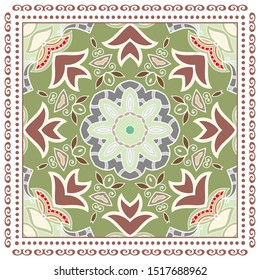 Decorative colorful ornament on white background, symmetric pattern with doodle lace frame. Tribal ethnic mandala decor. Bandana shawl, tablecloth fabric print, silk neck scarf, kerchief design