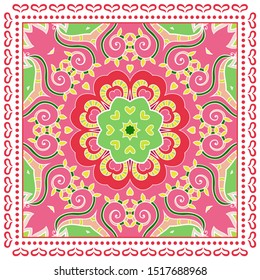 Decorative colorful ornament on white background, symmetric pattern with doodle lace frame. Tribal ethnic mandala decor. Bandana shawl, tablecloth fabric print, silk neck scarf, kerchief design