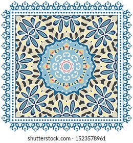 Decorative colorful ornament on white background, symmetric pattern with doodle lace frame. Tribal ethnic mandala decor. Bandana shawl, tablecloth fabric print, silk neck scarf, kerchief design
