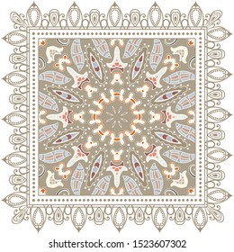 Decorative colorful ornament on white background, symmetric pattern with doodle lace frame. Tribal ethnic mandala decor. Bandana shawl, tablecloth fabric print, silk neck scarf, kerchief design
