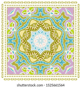 Decorative colorful ornament on white background, symmetric pattern with doodle lace frame. Tribal ethnic mandala decor. Bandana shawl, tablecloth fabric print, silk neck scarf, kerchief design