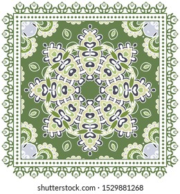 Decorative colorful ornament on white background, symmetric pattern with doodle lace frame. Tribal ethnic mandala decor. Bandana shawl, tablecloth fabric print, silk neck scarf, kerchief design