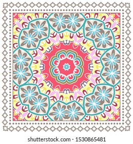 Decorative colorful ornament on white background, symmetric pattern with doodle lace frame. Tribal ethnic mandala decor. Bandana shawl, tablecloth fabric print, silk neck scarf, kerchief design