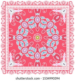 Decorative colorful ornament on white background, symmetric pattern with doodle lace frame. Tribal ethnic mandala decor. Bandana shawl, tablecloth fabric print, silk neck scarf, kerchief design