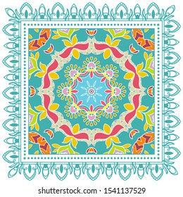 Decorative colorful ornament on white background, symmetric pattern with doodle lace frame. Tribal ethnic mandala decor. Bandana shawl, tablecloth fabric print, silk neck scarf, kerchief design