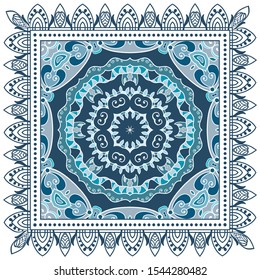 Decorative colorful ornament on white background, symmetric pattern with doodle lace frame. Tribal ethnic mandala decor. Bandana shawl, tablecloth fabric print, silk neck scarf, kerchief design