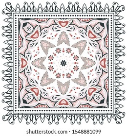 Decorative colorful ornament on white background, symmetric pattern with doodle lace frame. Tribal ethnic mandala decor. Bandana shawl, tablecloth fabric print, silk neck scarf, kerchief design