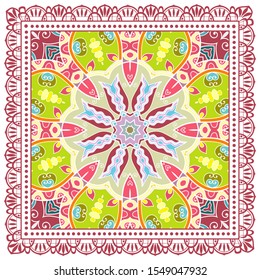 Decorative colorful ornament on white background, symmetric pattern with doodle lace frame. Tribal ethnic mandala decor. Bandana shawl, tablecloth fabric print, silk neck scarf, kerchief design