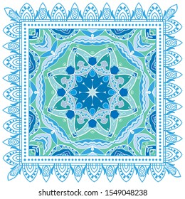 Decorative colorful ornament on white background, symmetric pattern with doodle lace frame. Tribal ethnic mandala decor. Bandana shawl, tablecloth fabric print, silk neck scarf, kerchief design