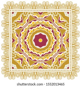 Decorative colorful ornament on white background, symmetric pattern with doodle lace frame. Tribal ethnic mandala decor. Bandana shawl, tablecloth fabric print, silk neck scarf, kerchief design