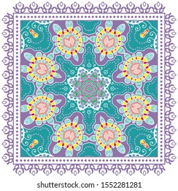 Decorative colorful ornament on white background, symmetric pattern with doodle lace frame. Tribal ethnic mandala decor. Bandana shawl, tablecloth fabric print, silk neck scarf, kerchief design