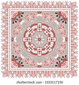 Decorative colorful ornament on white background, symmetric pattern with doodle lace frame. Tribal ethnic mandala decor. Bandana shawl, tablecloth fabric print, silk neck scarf, kerchief design