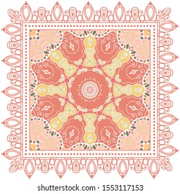 Decorative colorful ornament on white background, symmetric pattern with doodle lace frame. Tribal ethnic mandala decor. Bandana shawl, tablecloth fabric print, silk neck scarf, kerchief design