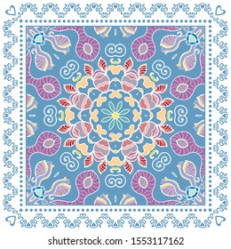 Decorative colorful ornament on white background, symmetric pattern with doodle lace frame. Tribal ethnic mandala decor. Bandana shawl, tablecloth fabric print, silk neck scarf, kerchief design