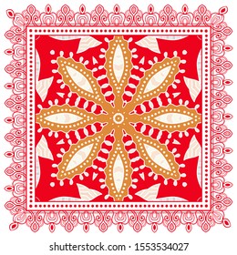 Decorative colorful ornament on white background, symmetric pattern with doodle lace frame. Tribal ethnic mandala decor. Bandana shawl, tablecloth fabric print, silk neck scarf, kerchief design