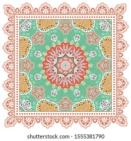 Decorative colorful ornament on white background, symmetric pattern with doodle lace frame. Tribal ethnic mandala decor. Bandana shawl, hijab, tablecloth fabric print, silk neck scarf, kerchief design