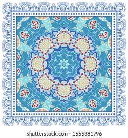 Decorative colorful ornament on white background, symmetric pattern with doodle lace frame. Tribal ethnic mandala decor. Bandana shawl, hijab, tablecloth fabric print, silk neck scarf, kerchief design