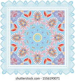 Decorative colorful ornament on white background, symmetric pattern with doodle lace frame. Tribal ethnic mandala decor. Bandana shawl, hijab, tablecloth fabric print, silk neck scarf, kerchief design