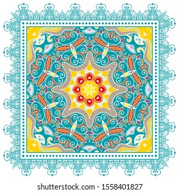 Decorative colorful ornament on white background, symmetric pattern with doodle lace frame. Tribal ethnic mandala decor. Bandana shawl, hijab, tablecloth fabric print, silk neck scarf, kerchief design