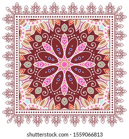 Decorative colorful ornament on white background, symmetric pattern with doodle lace frame. Tribal ethnic mandala decor. Bandana shawl, hijab, tablecloth fabric print, silk neck scarf, kerchief design