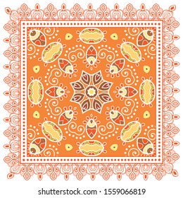 Decorative colorful ornament on white background, symmetric pattern with doodle lace frame. Tribal ethnic mandala decor. Bandana shawl, hijab, tablecloth fabric print, silk neck scarf, kerchief design