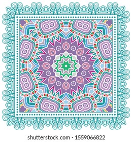 Decorative colorful ornament on white background, symmetric pattern with doodle lace frame. Tribal ethnic mandala decor. Bandana shawl, hijab, tablecloth fabric print, silk neck scarf, kerchief design