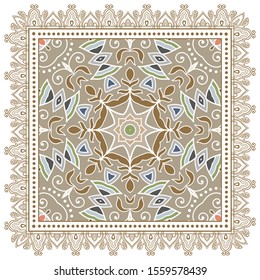 Decorative colorful ornament on white background, symmetric pattern with doodle lace frame. Tribal ethnic mandala decor. Bandana shawl, hijab, tablecloth fabric print, silk neck scarf, kerchief design