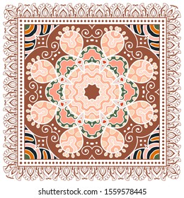 Decorative colorful ornament on white background, symmetric pattern with doodle lace frame. Tribal ethnic mandala decor. Bandana shawl, hijab, tablecloth fabric print, silk neck scarf, kerchief design