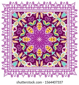 Decorative colorful ornament on white background, symmetric pattern with doodle lace frame. Tribal ethnic mandala decor. Bandana shawl, hijab, tablecloth fabric print, silk neck scarf, kerchief design