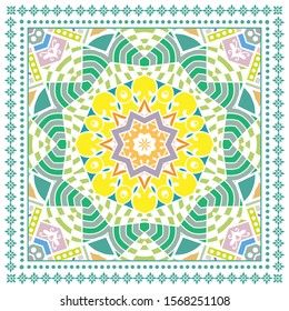 Decorative colorful ornament on white background, symmetric pattern with doodle lace frame. Tribal ethnic mandala decor. Bandana shawl, hijab, tablecloth fabric print, silk neck scarf, kerchief design