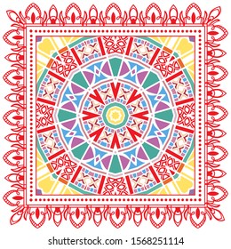 Decorative colorful ornament on white background, symmetric pattern with doodle lace frame. Tribal ethnic mandala decor. Bandana shawl, hijab, tablecloth fabric print, silk neck scarf, kerchief design