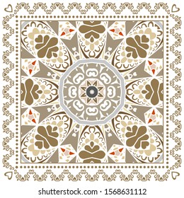 Decorative colorful ornament on white background, symmetric pattern with doodle lace frame. Tribal ethnic mandala decor. Bandana shawl, hijab, tablecloth fabric print, silk neck scarf, kerchief design