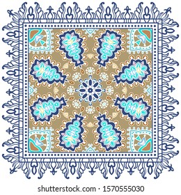 Decorative colorful ornament on white background, symmetric pattern with doodle lace frame. Tribal ethnic mandala decor. Bandana shawl, hijab, tablecloth fabric print, silk neck scarf, kerchief design
