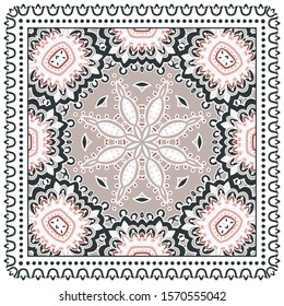 Decorative colorful ornament on white background, symmetric pattern with doodle lace frame. Tribal ethnic mandala decor. Bandana shawl, hijab, tablecloth fabric print, silk neck scarf, kerchief design