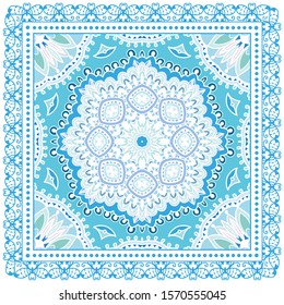 Decorative colorful ornament on white background, symmetric pattern with doodle lace frame. Tribal ethnic mandala decor. Bandana shawl, hijab, tablecloth fabric print, silk neck scarf, kerchief design